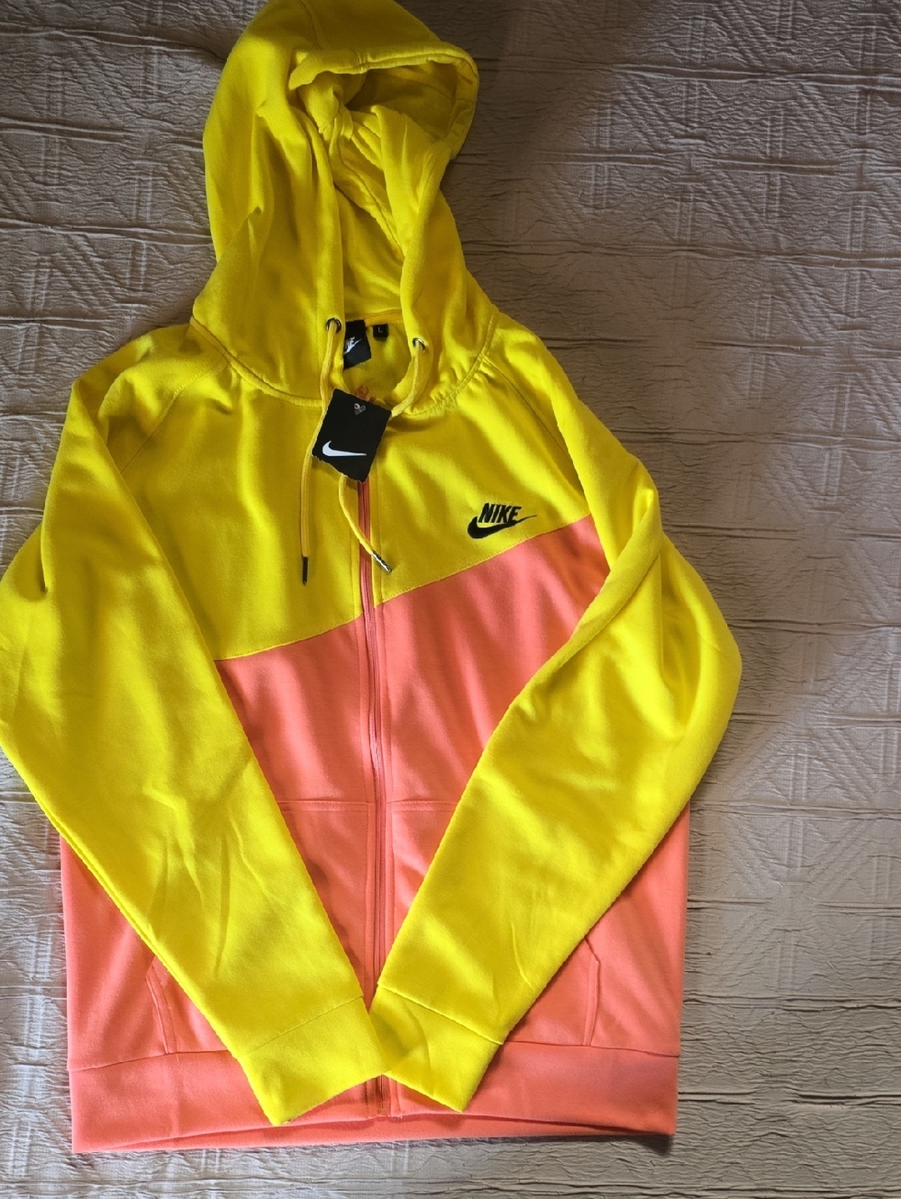 Nike Yellow and Coral Colorblock Full-Zip Hoodie. Rare Color!!! In Soft Cotton.